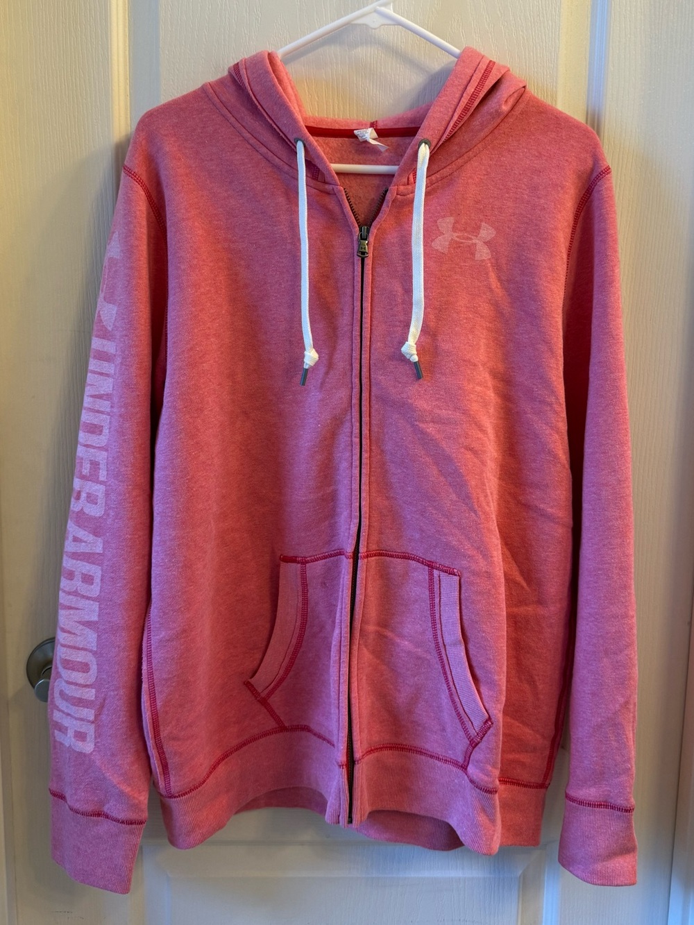 Under Armour Heathered Pink Full-Zip Hoodie with White Drawstrings